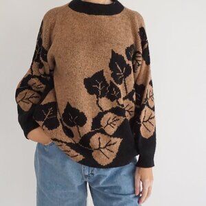Vintage Arielle Brown Leaf Vine Intarsia Knit Botanical Grandpa Sweater L